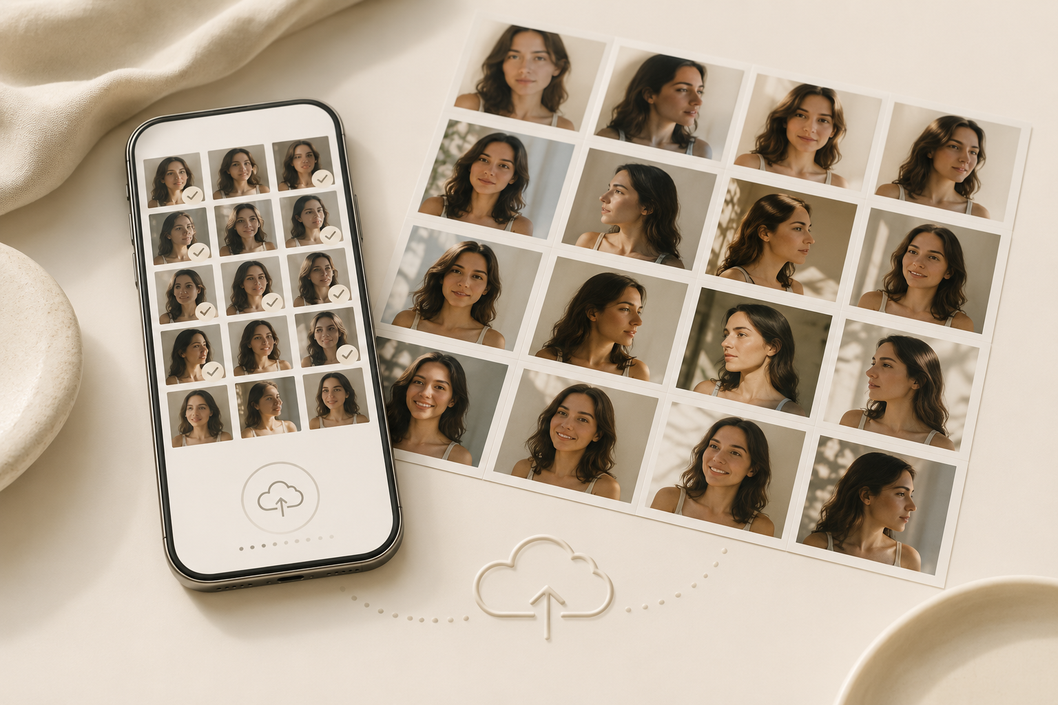 Illustration of a grid of casual selfies being uploaded
